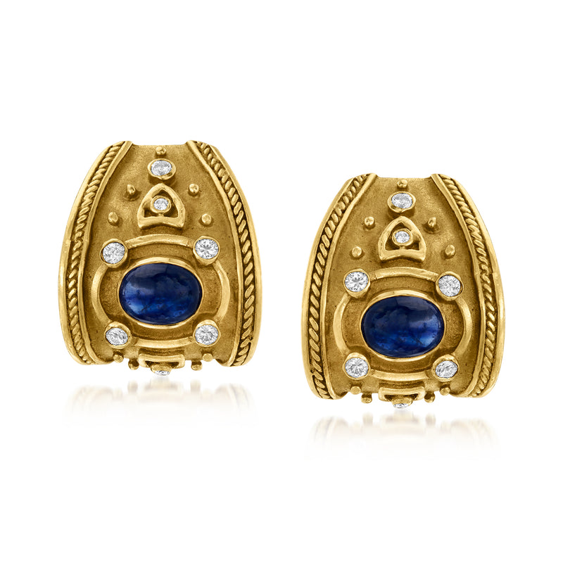 18k yellow gold vintage teardrop earrings with blue sapphire center and diamond accents