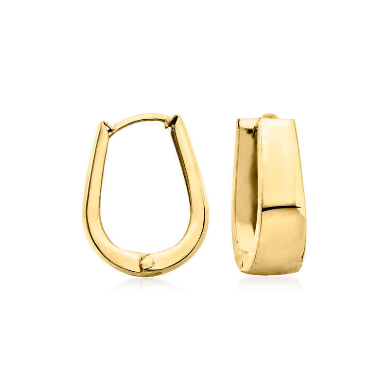 Yellow gold tapered hoop earrings with hinged clasp, oval profile