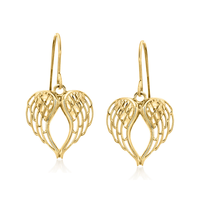 14kt yellow gold angel wing heart drop earrings with hook earwires