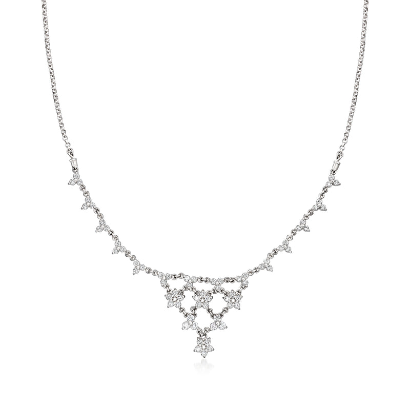 Platinum diamond cluster bib necklace with dangling teardrop centerpiece and fine chain