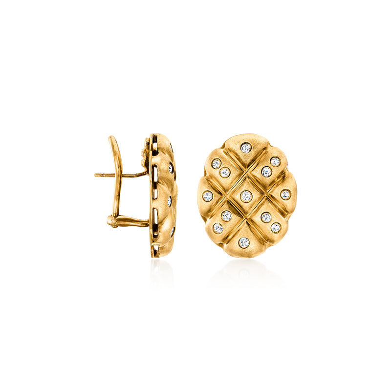 14kt yellow gold clip/post earrings with diamond-like oval cluster front, side view