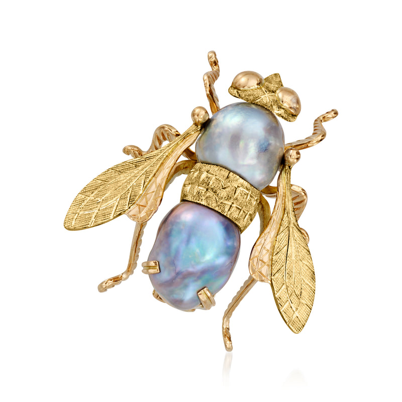 Vintage gold-tone bumblebee pin with iridescent cultured pearl bodies and wings