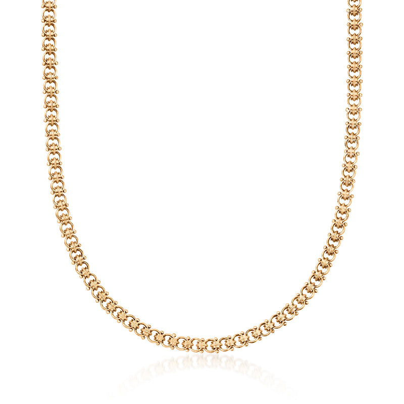 Yellow gold fancy-link necklace with small round links