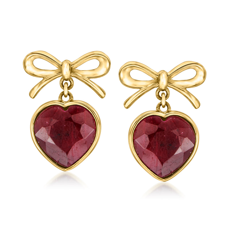 Gold bow drop earrings with bezel-set heart ruby dangle