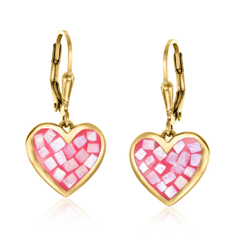 Gold leverback heart drop earrings with pink resin inlay and scalloped edge borders
