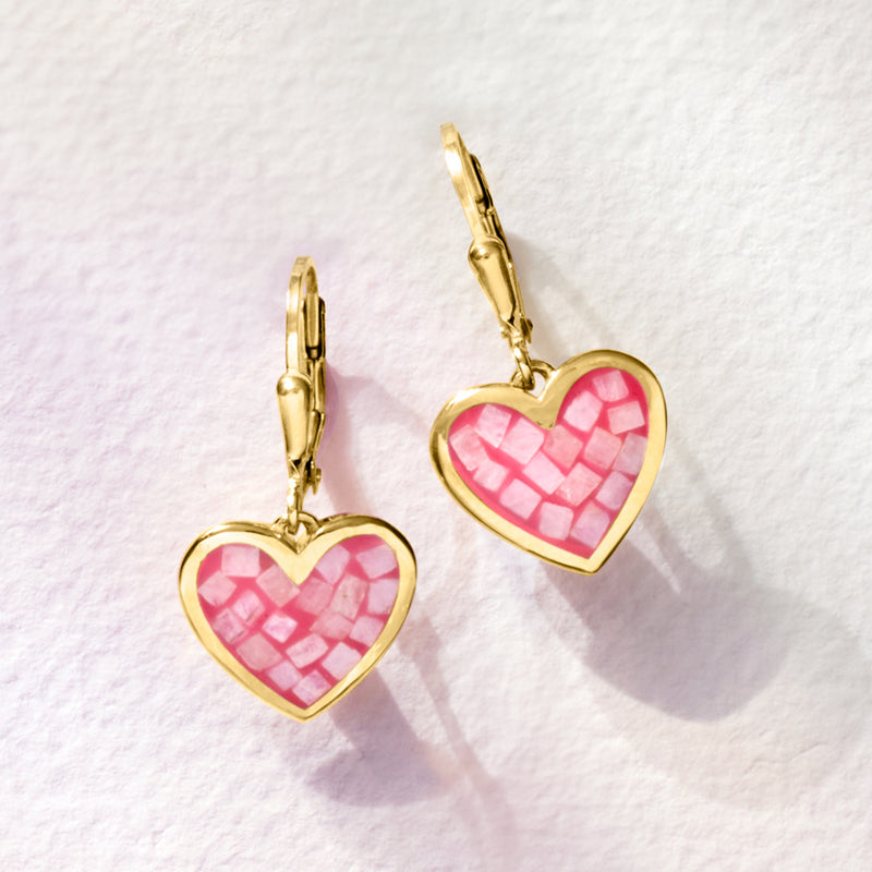Gold leverback heart drop earrings with pink resin inlay, side-by-side view