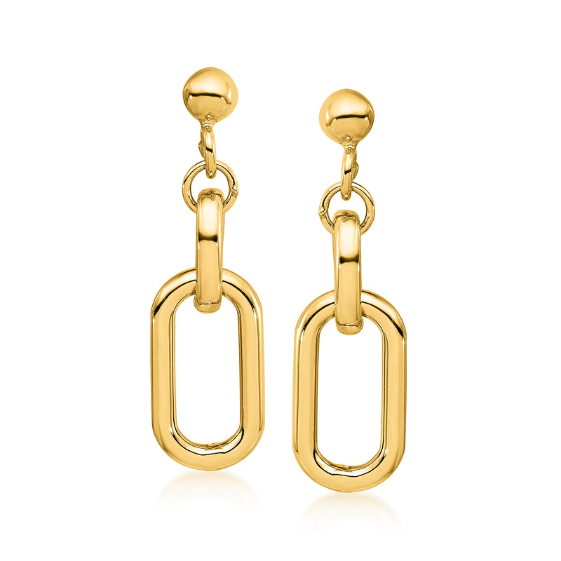 Yellow gold oval-link drop earrings with two linked rectangular hoops