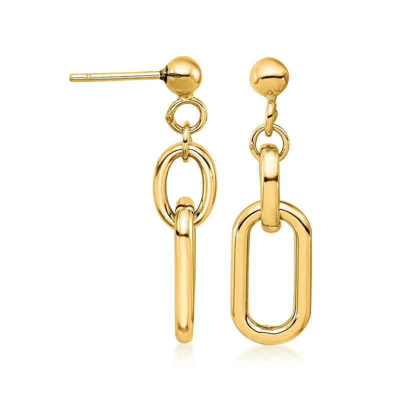 Yellow gold drop earrings with oval hoop links and post backs