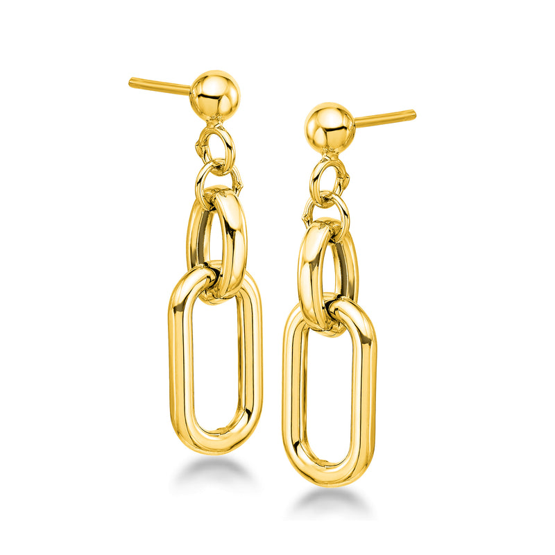 Yellow gold oval-link drop earrings shown from the side with dangling hoops