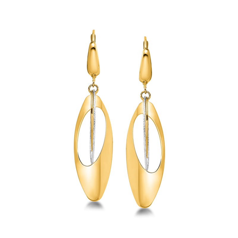 Two-tone 14kt gold oval drop earrings with leverback, oval drops with silver-toned center.