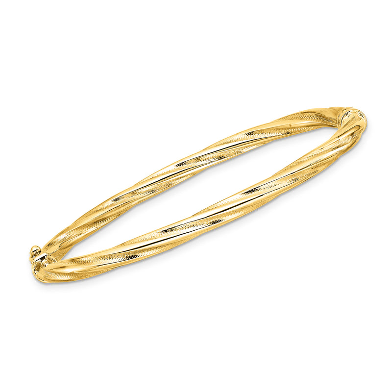 14kt yellow gold twisted bangle bracelet with smooth hinge clasp