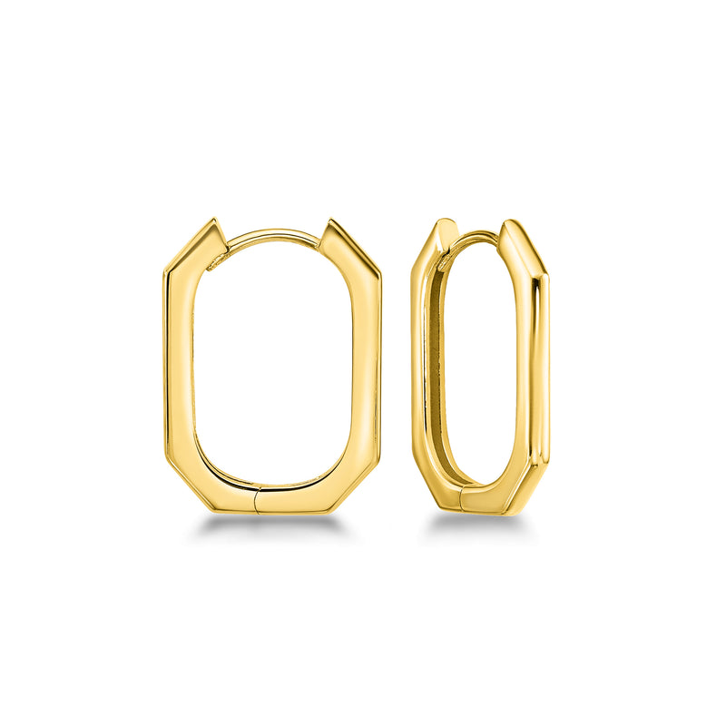 14kt yellow gold geometric hoop earrings with faceted oval profile