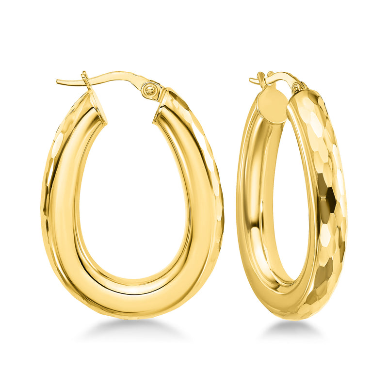 Oval yellow gold hoop earrings, hinged clasp with polished mirror finish