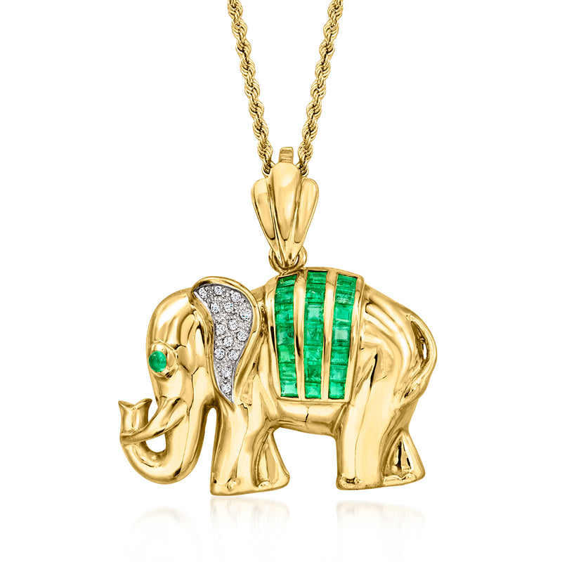 18kt yellow gold elephant pendant with emerald column, diamond ear, and gold chain