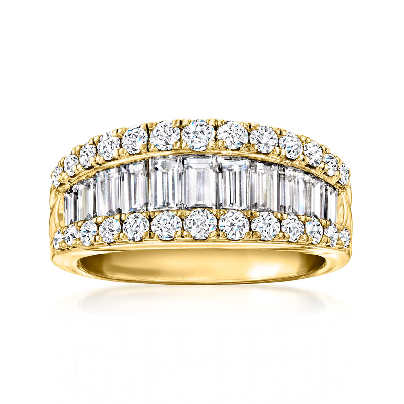 14kt yellow gold diamond ring with baguette and round lab-grown stones, wide band