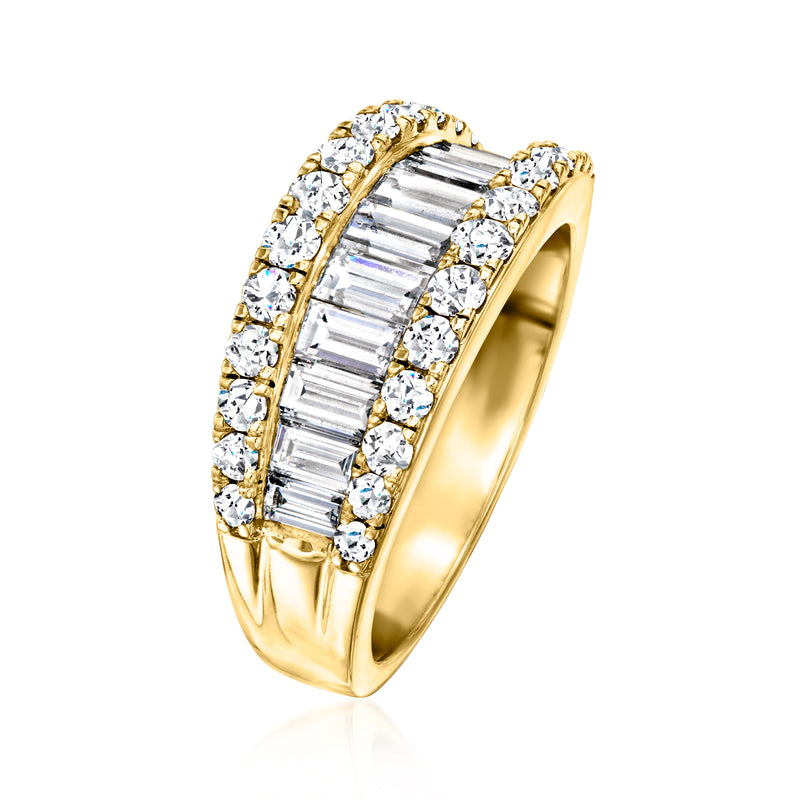 14kt yellow gold diamond ring with baguette center and round halo, side view
