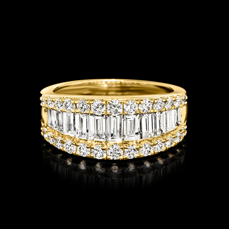 14kt yellow gold diamond band with baguette row center and round accents, top view