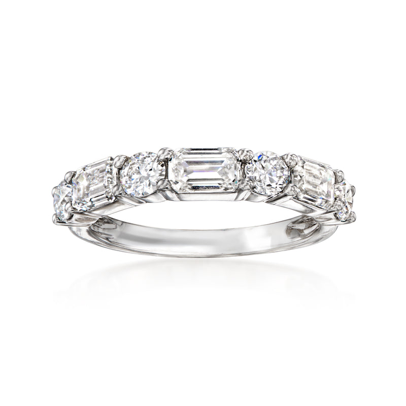 14kt white gold diamond ring with emerald-cut center and round side stones