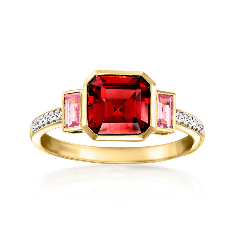 Gold-plated ring with red emerald-cut center, pink baguettes, diamond side accents