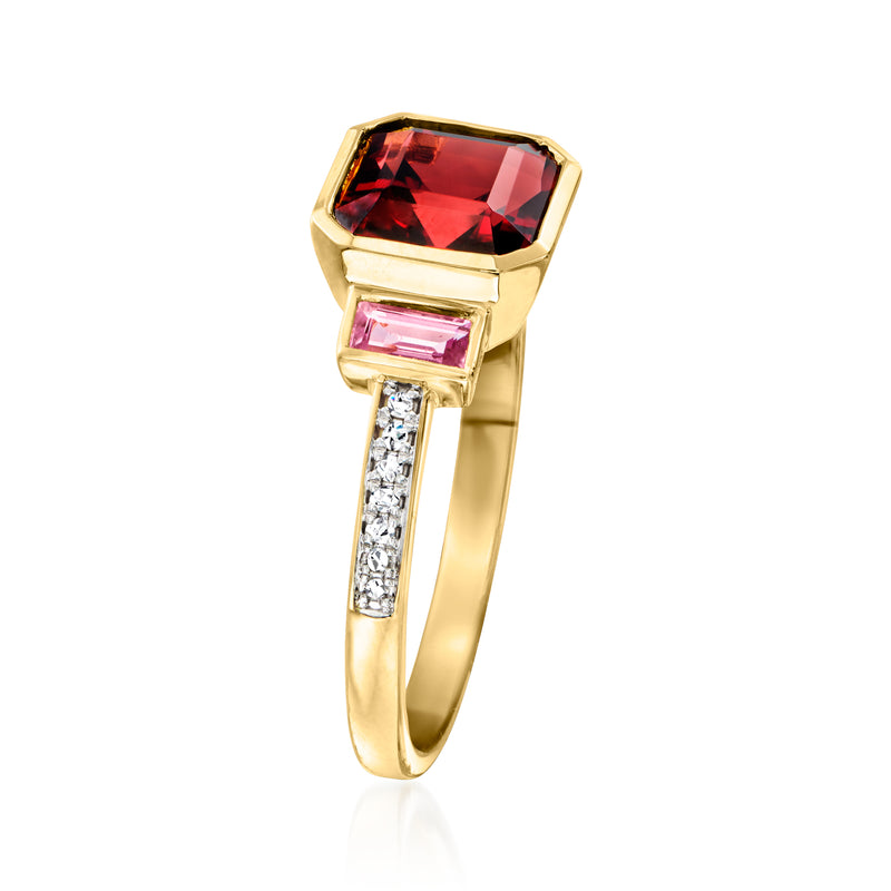 Gold-plated ring with red octagonal center, pink baguette sides, diamond band