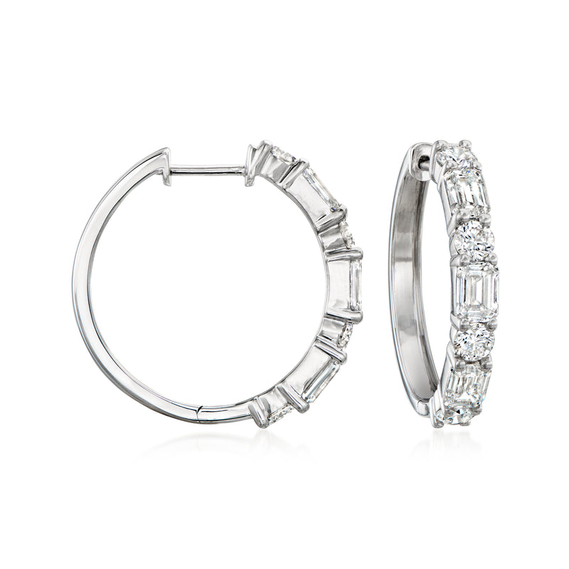 14kt white gold hoop earrings with emerald-cut diamond accents, hinged hoop
