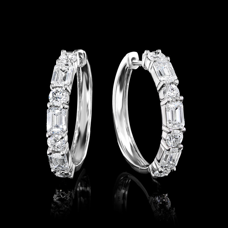 Pair of 14kt white gold hoop earrings with emerald-cut diamond accents