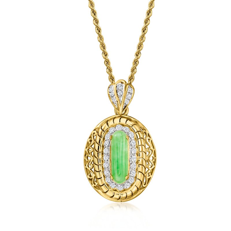 18kt yellow gold pendant necklace with oval green jade cabochon and diamond accents