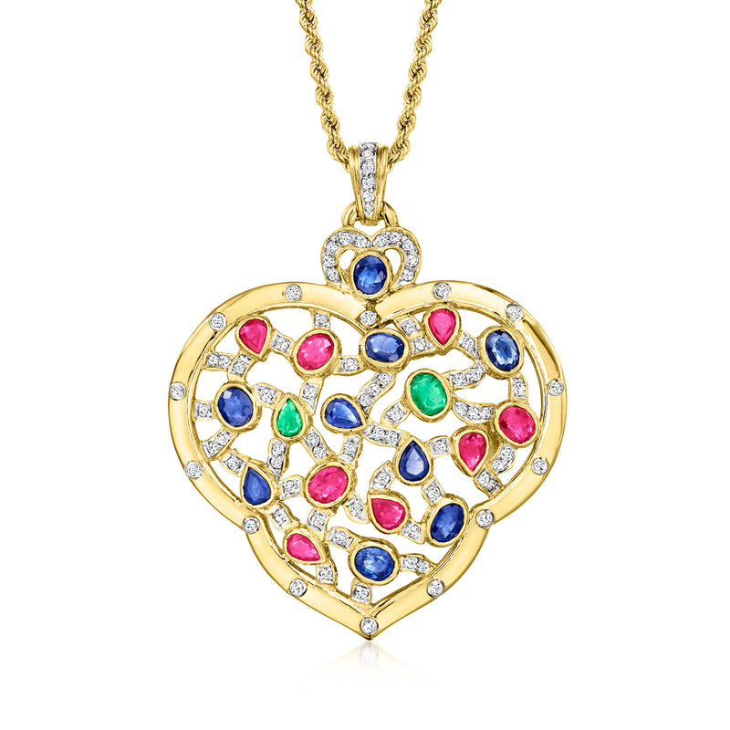 Yellow gold openwork heart pendant with blue, pink, green stones and diamond accents