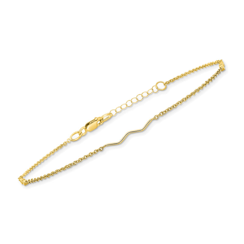 Yellow 14kt gold wavy bar station anklet with link chain and small clasp