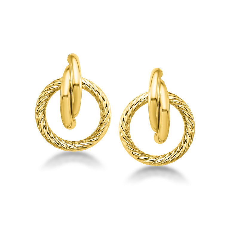 14kt yellow gold twisted-circle drop earrings with hinged oval tops