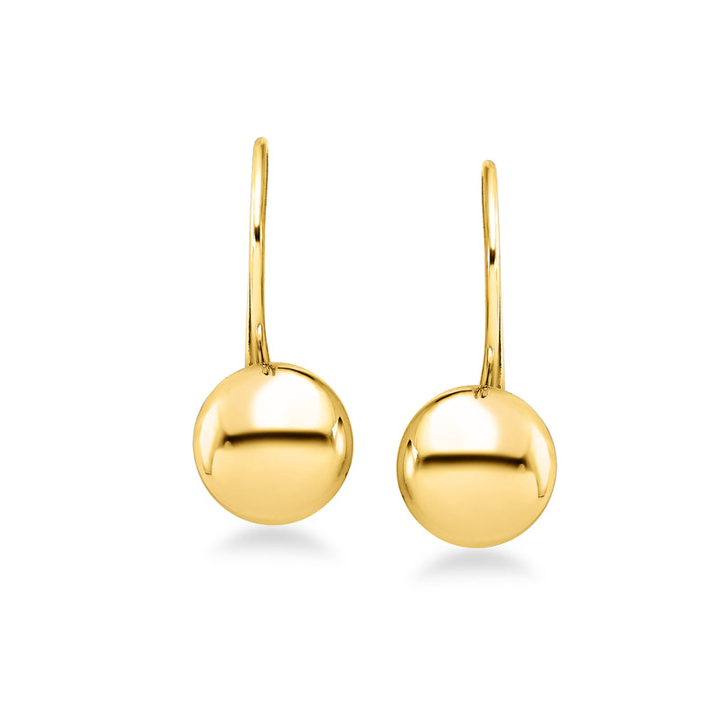 14kt yellow gold button drop earrings with round polished discs and hinged earwire