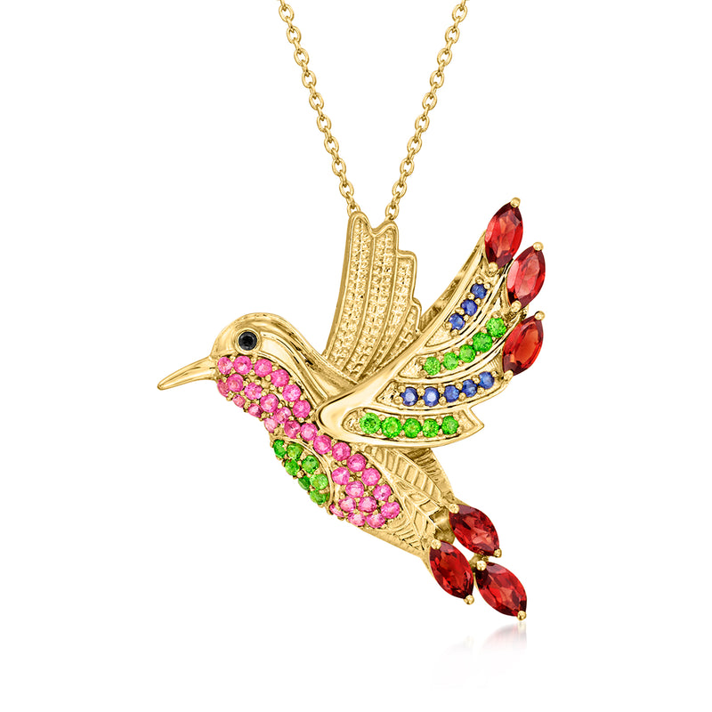 Gold-tone hummingbird pendant necklace with multicolor gemstone accents and linked chain