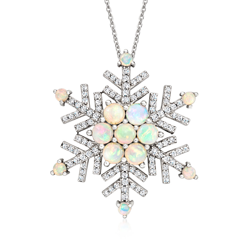 Sterling silver snowflake pin/pendant necklace with opal-like round stones and zircon accents