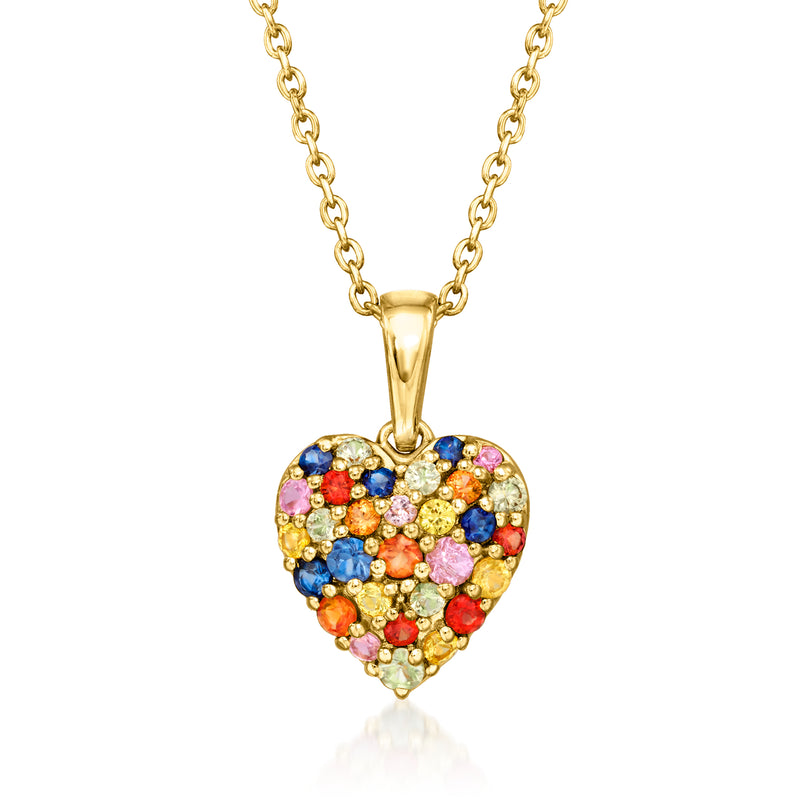 Multicolored sapphire heart pendant necklace in gold over sterling, heart studded