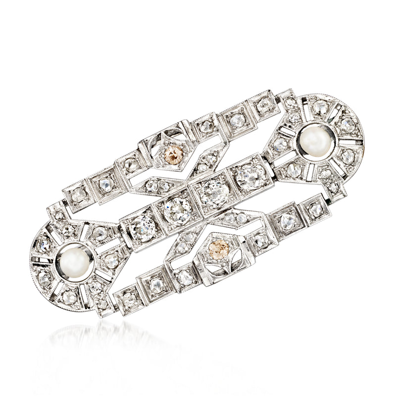 Vintage diamond and cultured pearl pin in white gold, geometric rectangular settings