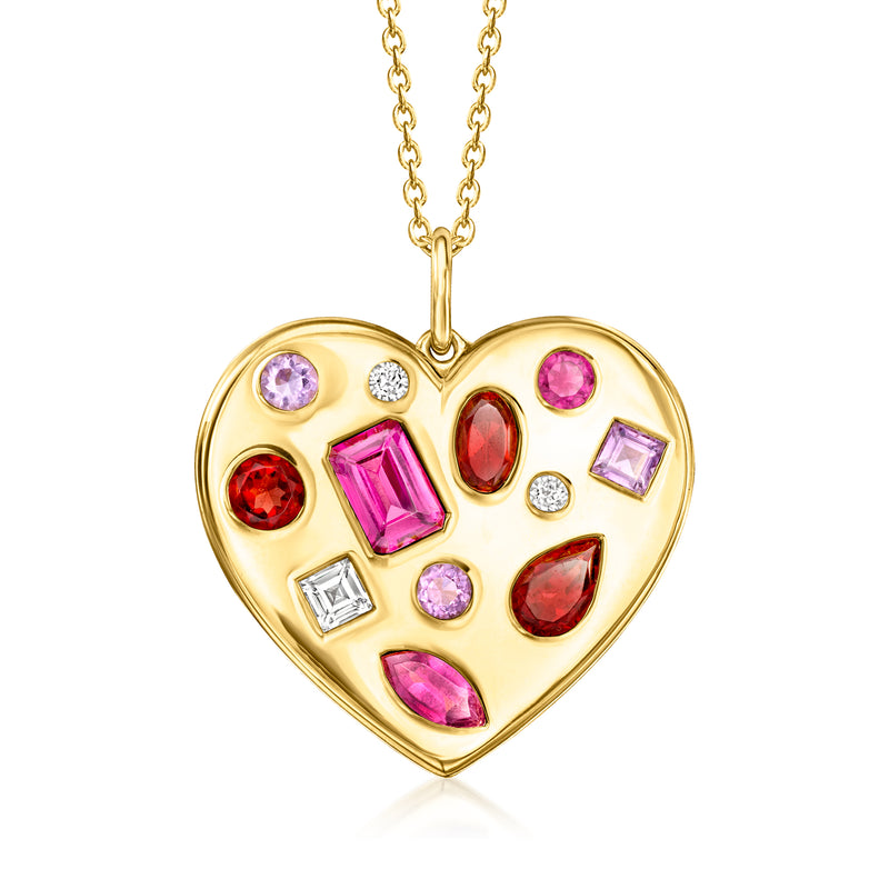 Gold heart pendant necklace with colorful multi-gem stones and dangling chain