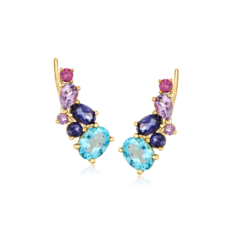 Gold over sterling ear climber earrings with clusters of purple, blue, and navy gemstones