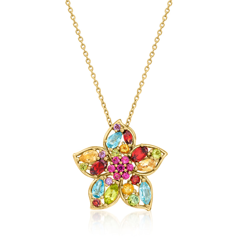 Gold-tone flower pendant necklace with multicolor gemstone petals and a hanging chain