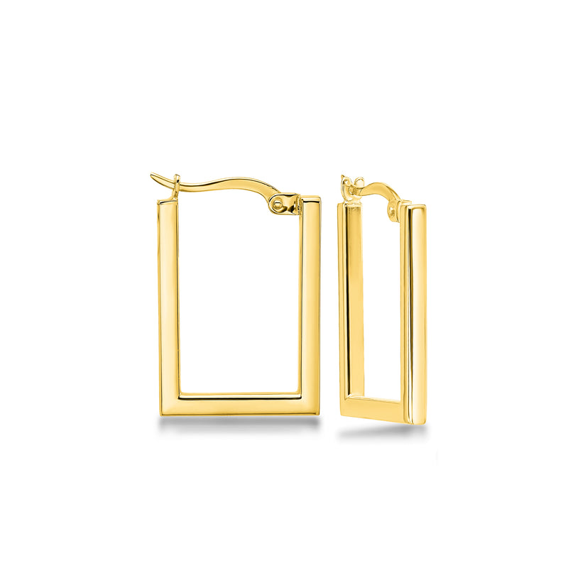 Rectangular 14kt yellow gold hoop earrings, polished, with hinged clasp.