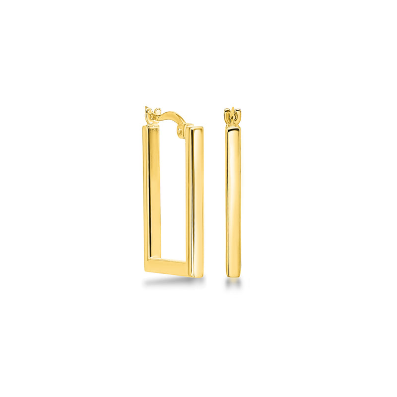 Rectangular 14kt yellow gold hoop earrings shown from the side, polished.