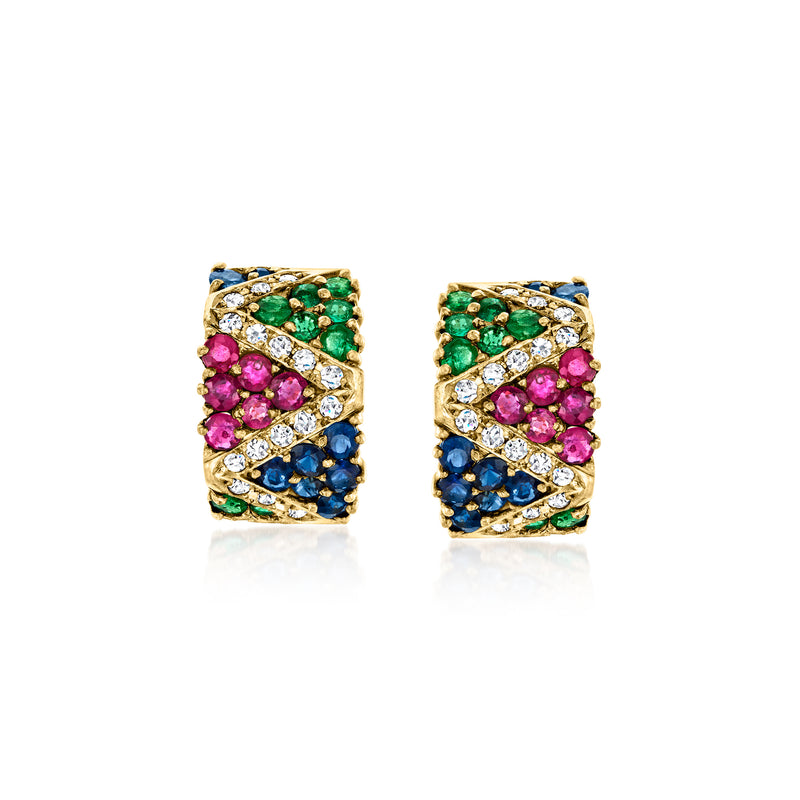 Vintage curved gold earrings with green, pink, blue stones and diamond accents