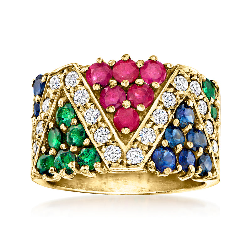 14kt yellow gold multi-gemstone and diamond-accent ring with pink, blue, and green stones
