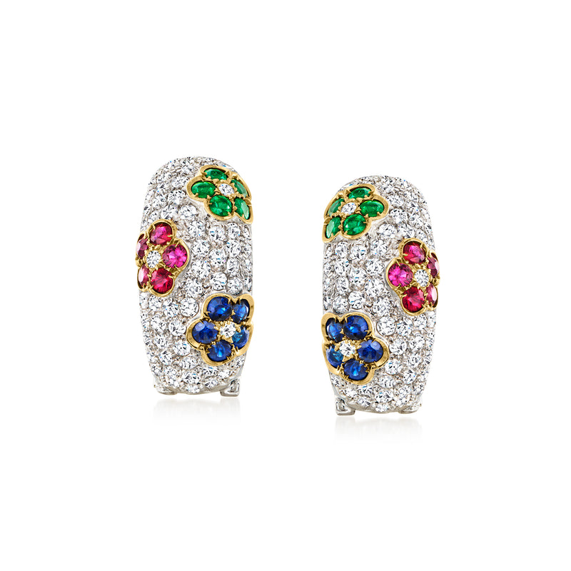 Multicolor gemstone flower hoop earrings in 18kt white gold, front view