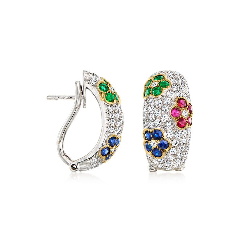 Multicolor gemstone flower hoop earrings in 18kt white gold, side view with hinge