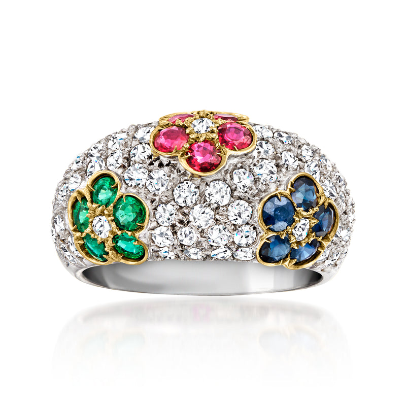 18kt white gold diamond flower ring with ruby, emerald, and sapphire motifs