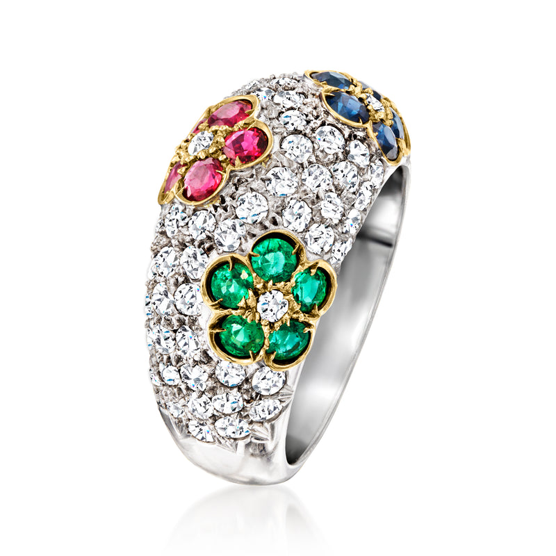 Vintage diamond flower ring in white gold with emerald, ruby, and sapphire accents