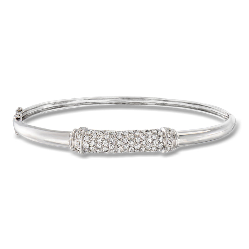 14kt white gold vintage bangle bracelet with a rectangular diamond pave center