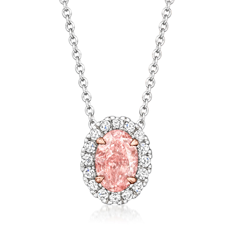 Oval pink center diamond pendant with white diamond halo on 14kt white gold chain