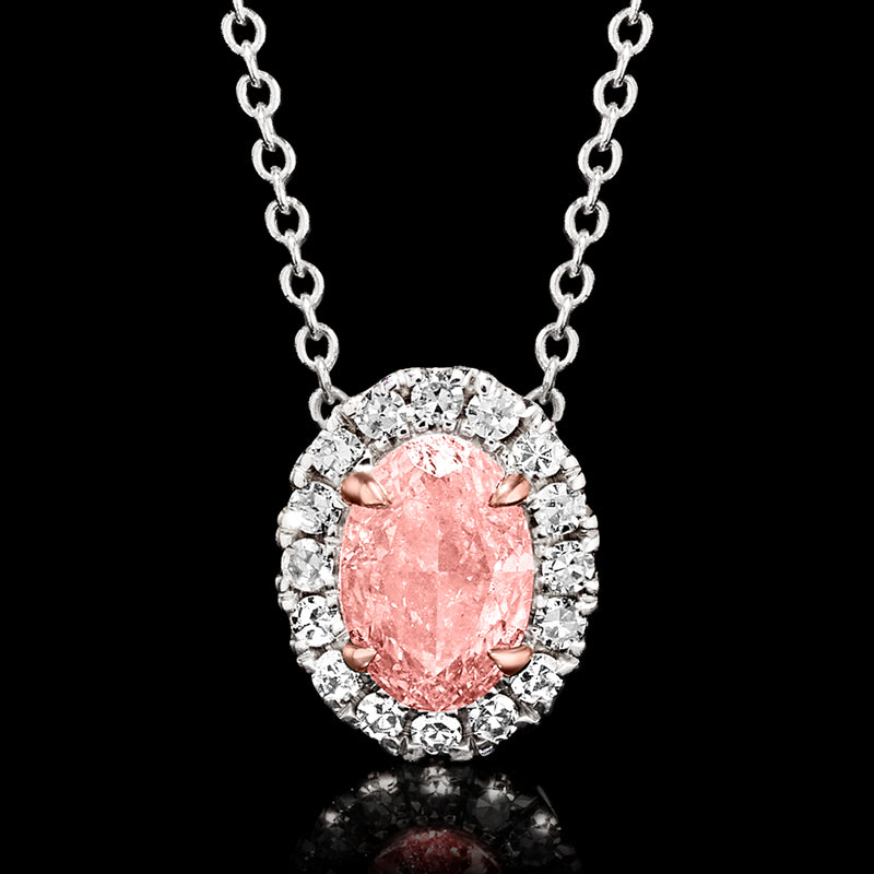 Pink oval lab-grown diamond pendant with white halo and silver links on chain