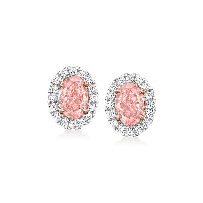 Oval pink lab-grown diamond stud earrings with white halo, 14kt white gold posts